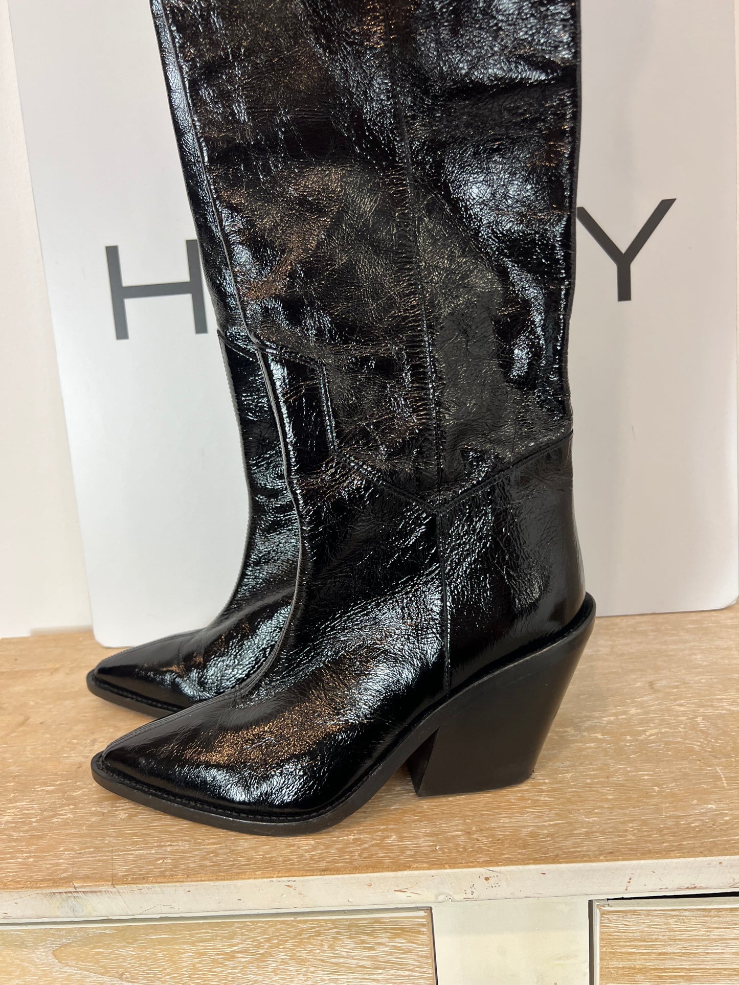 IRO. Black vinyl leather high boots, size 39