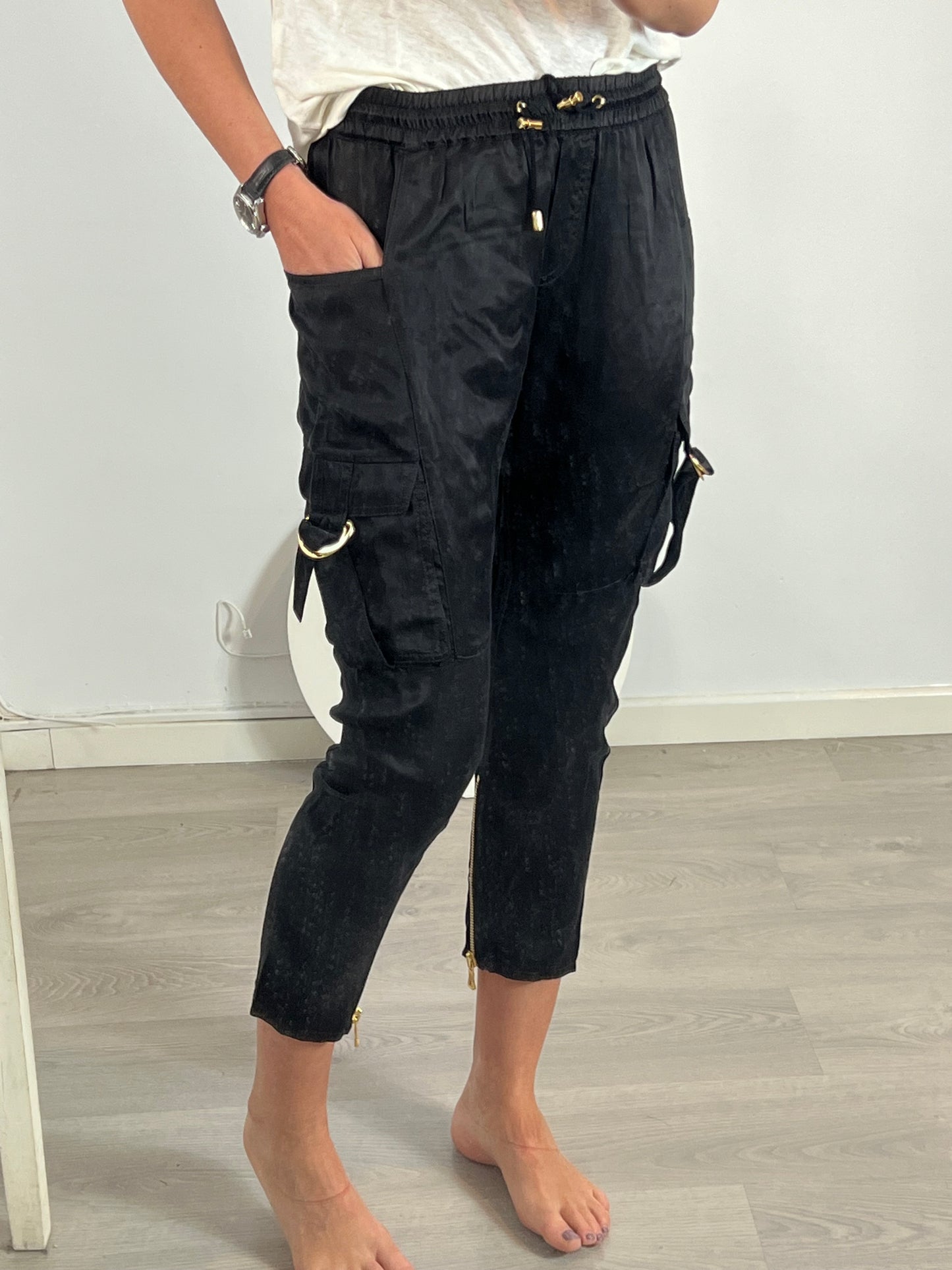 BALMAIN. Black satin trousers with pockets. Size 36