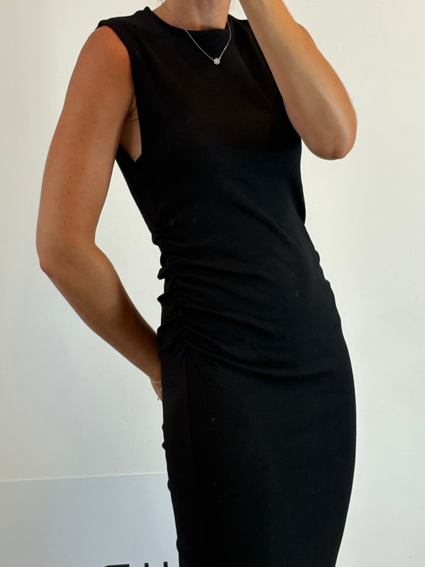 zara ruched dress black LONG KNIT DRESS WITH RUCHED WAIST - Black