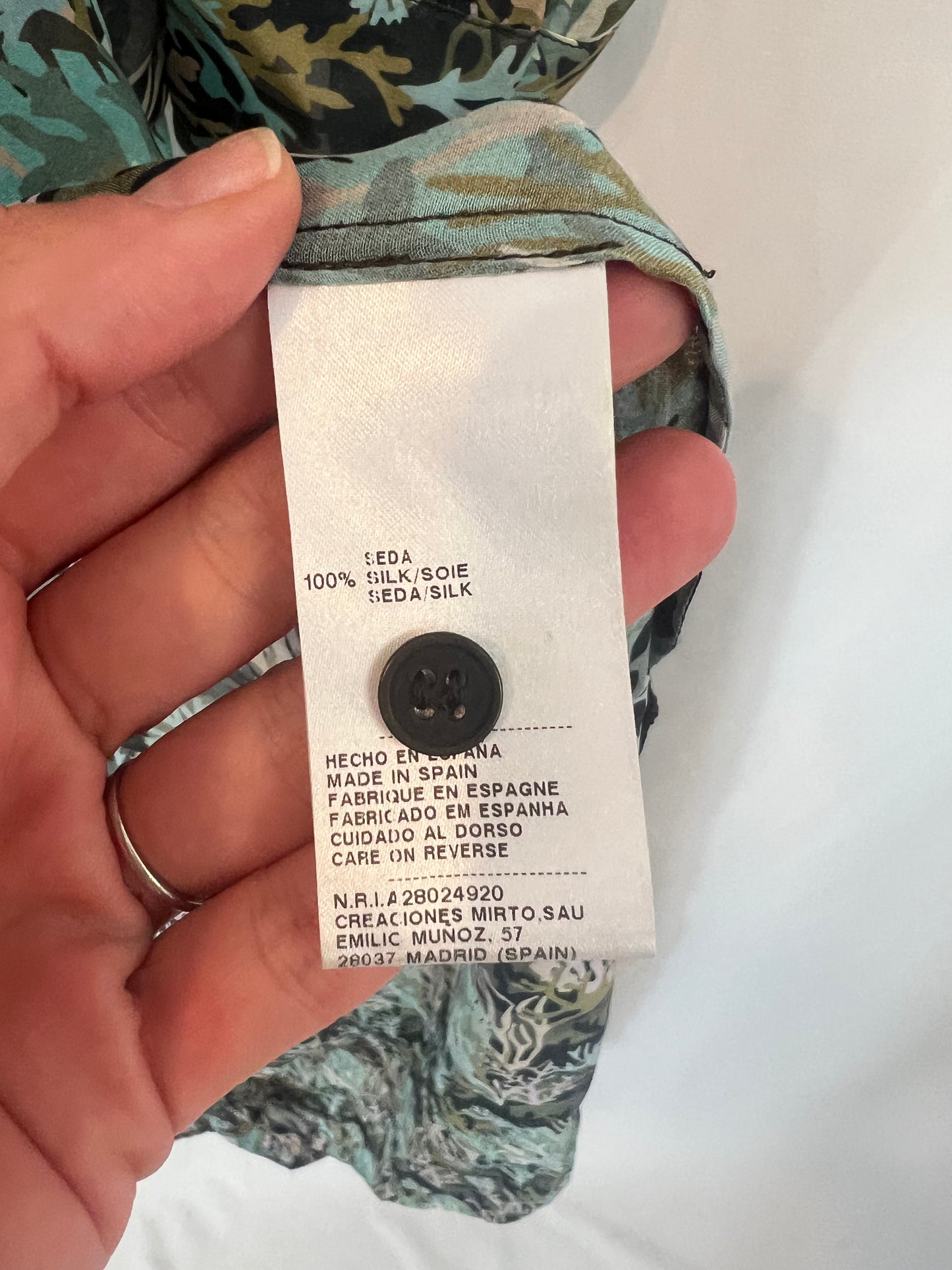 MIRTO. Long printed silk dress, size 40