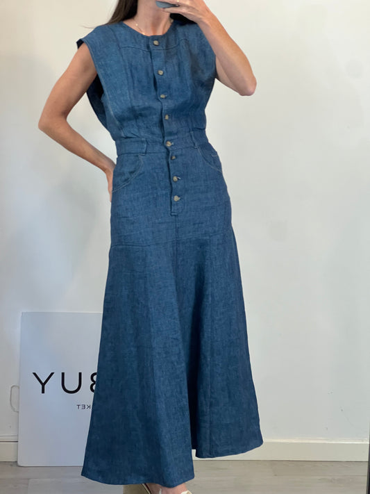MASSIMO DUTTI. Vestido largo denim lino