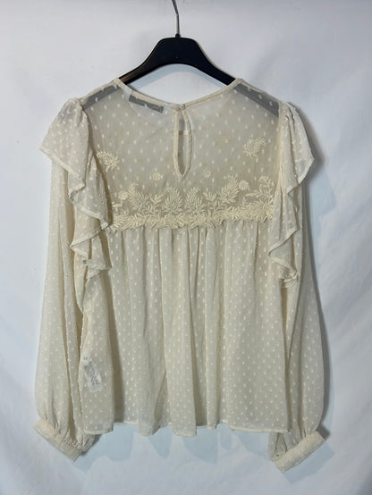 ZARA. Blusa beige claro bordados. T XS