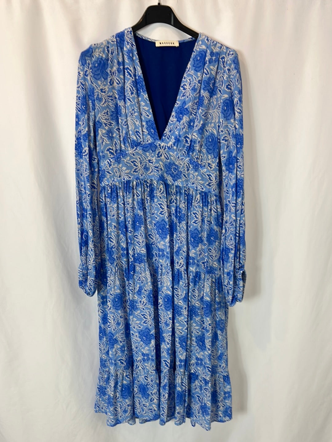 MASSCOB. Vestido midi seda estampado azules. T XS
