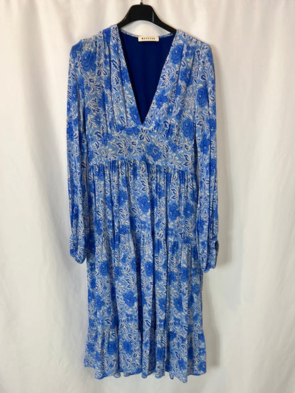 MASSCOB. Vestido midi seda estampado azules. T XS