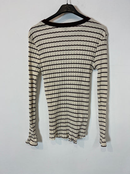 MASSIMO DUTTI. Top canalé manga larga rayas. T M