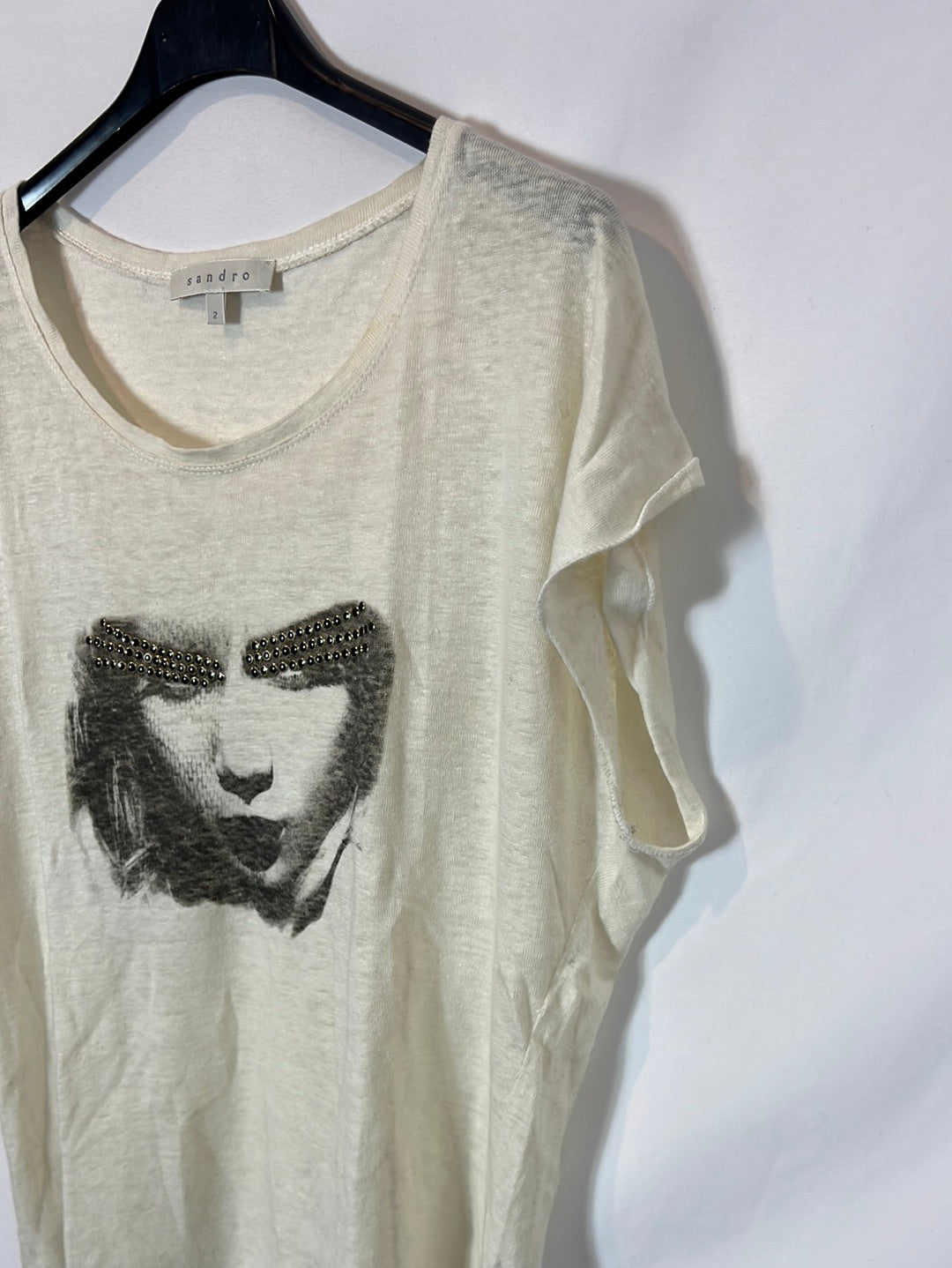 SANDRO. Camiseta lino dibujo.T 2 (M)