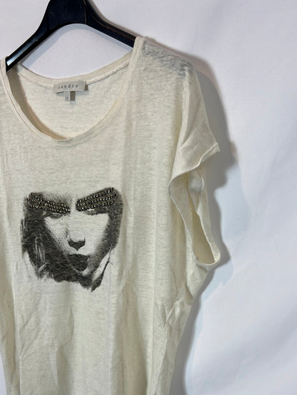 SANDRO. Camiseta lino dibujo.T 2 (M)