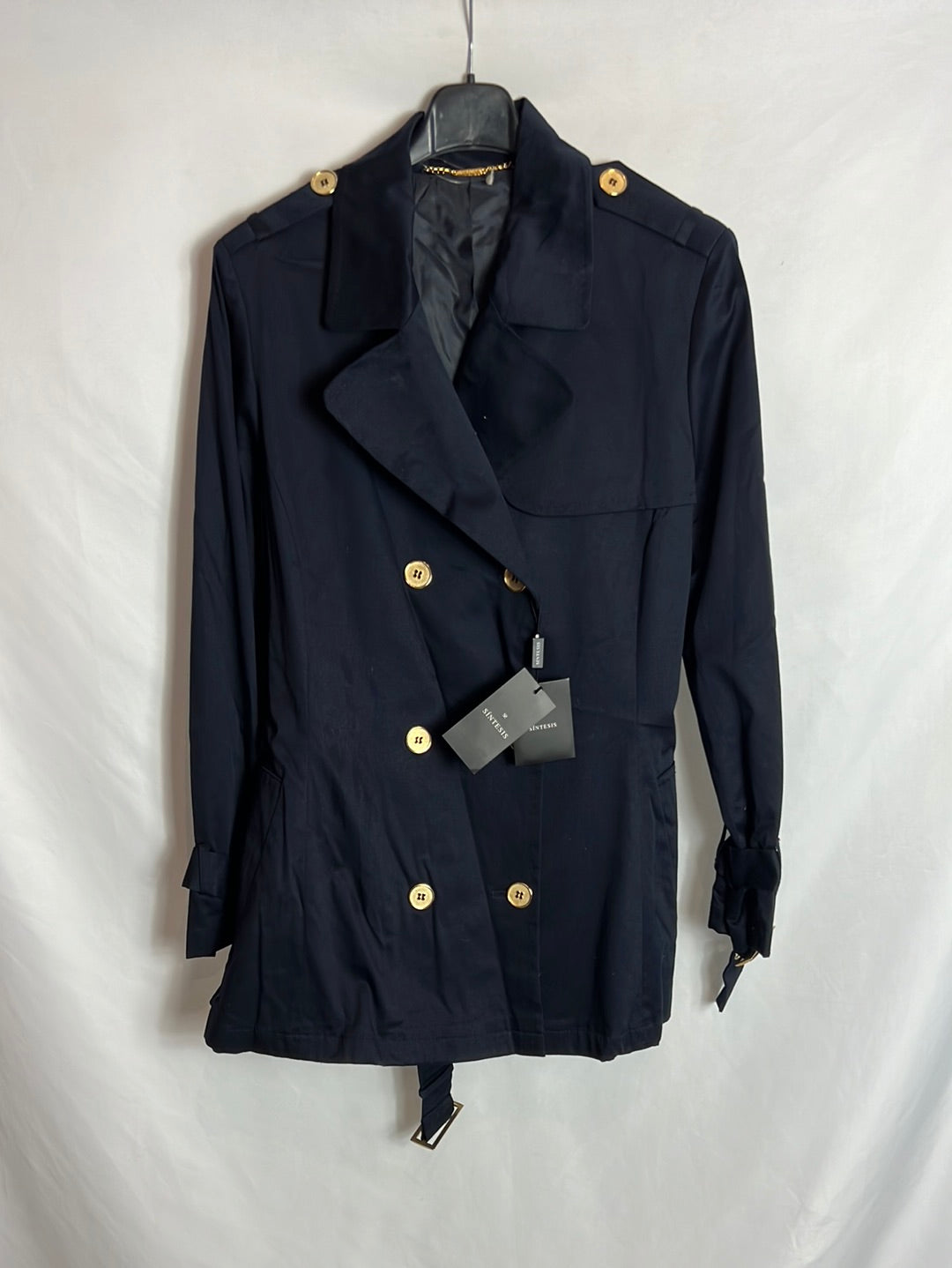 SYNTHESIS. Blue trench coat with gold buttons. Size 46