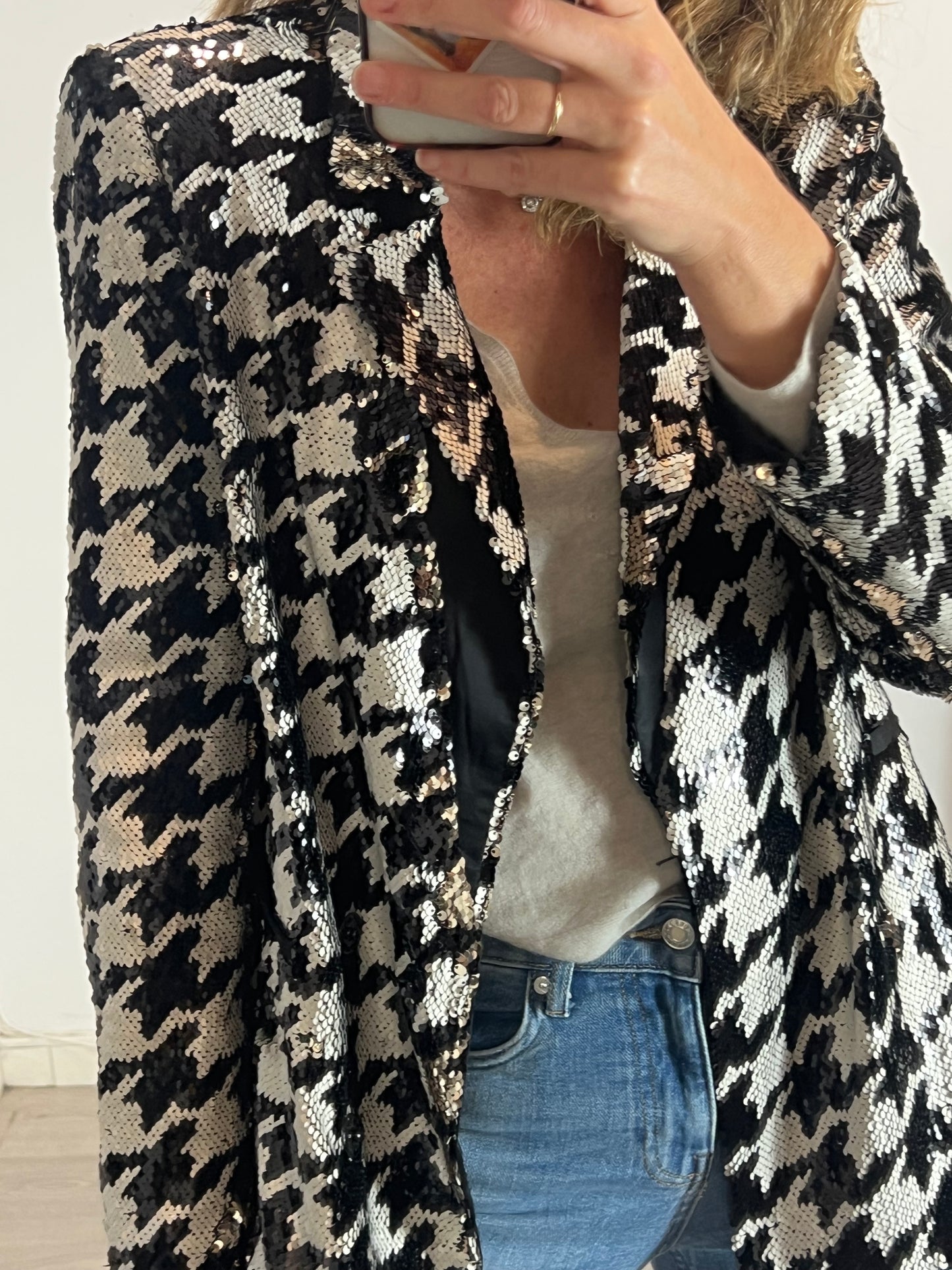 TOPSHOP. Houndstooth Sequin Blazer. TM