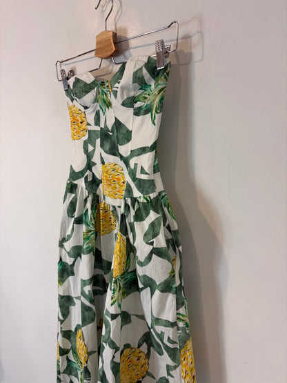 ZARA. Vestido midi palabra de honor estamapdo tropical