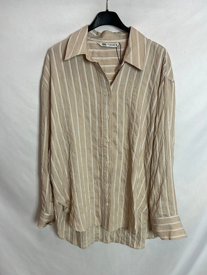 ZARA. Beige striped textured blouse. TM