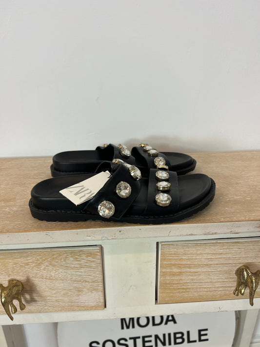 ZARA. Flat sandals with rhinestone straps. Size 38