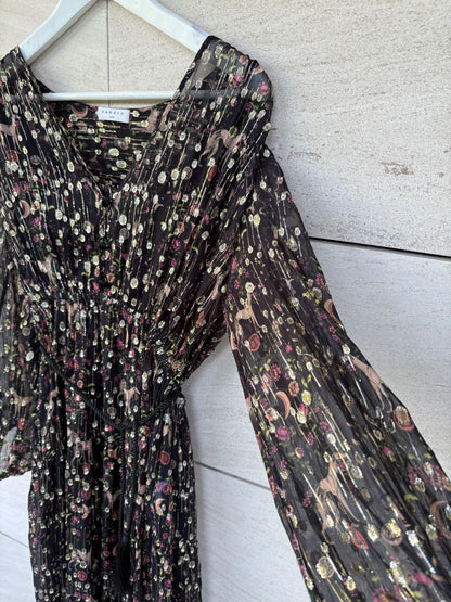 SANDRO. Vestido largo seda semitransparente. T 38