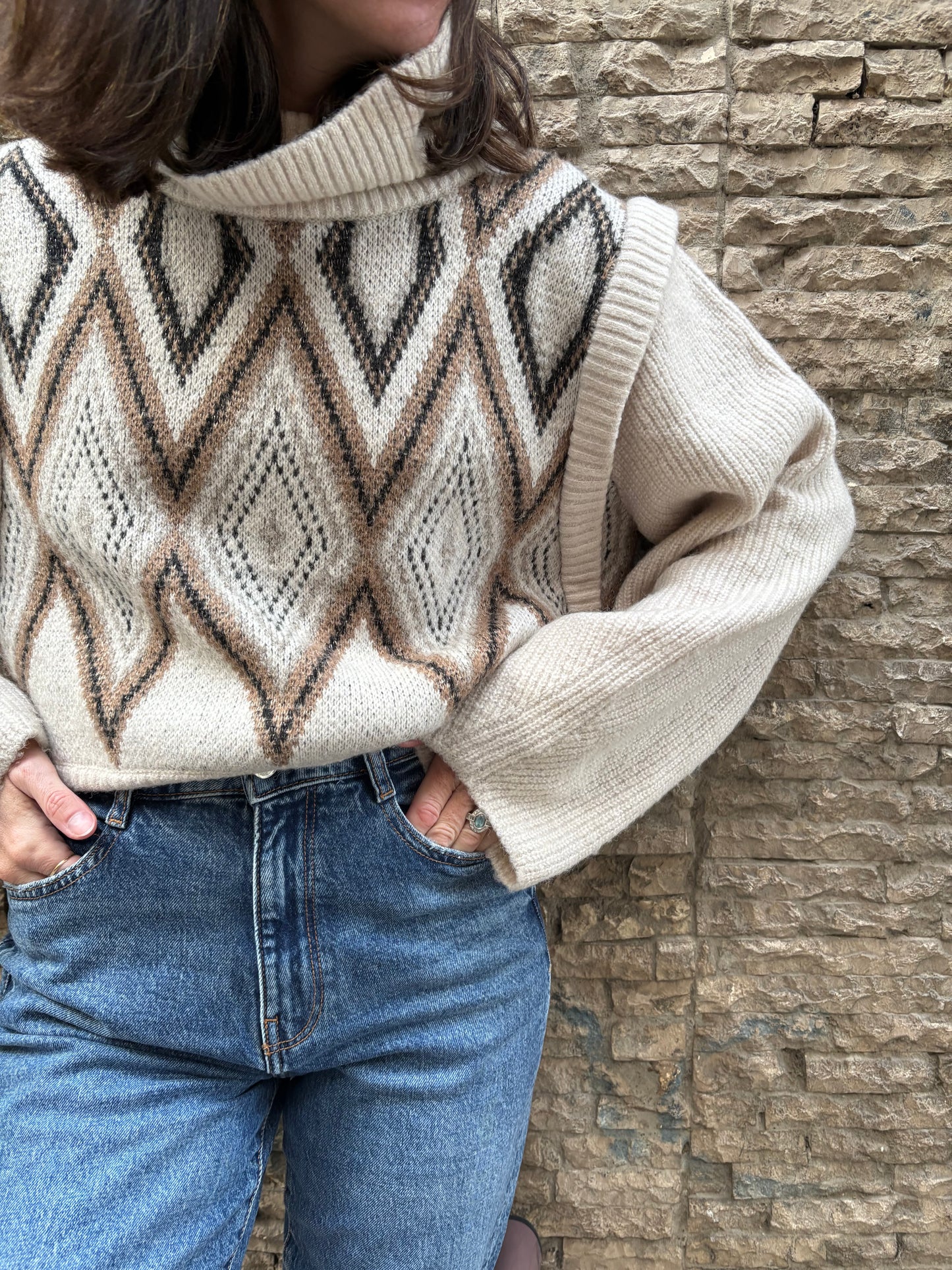 HOUSE OF HARLOW 1960. Jersey beige rombos T. M