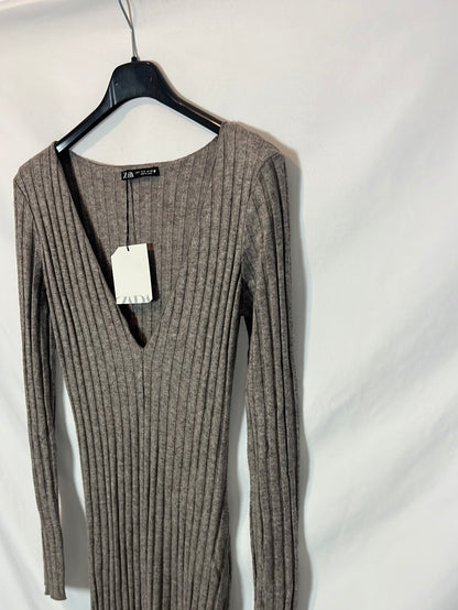 ZARA. Vestido largo canalé gris jaspeado. T S
