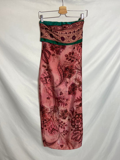 ZARA. Vestido rosa palabra de honor estampado T. S