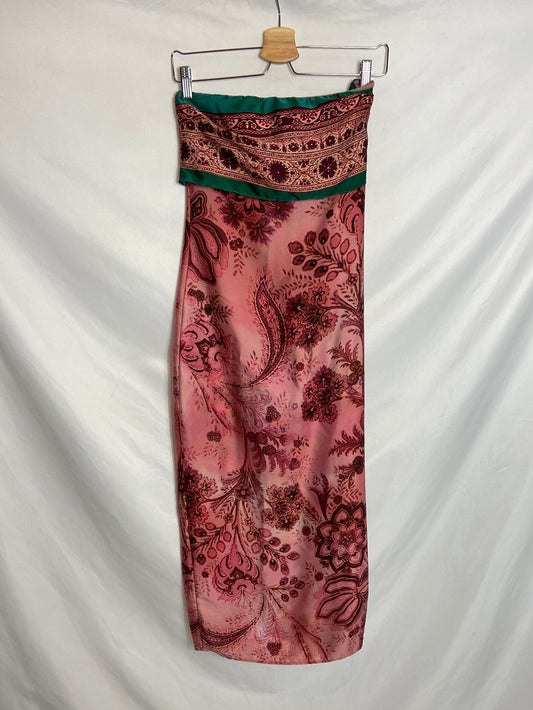 ZARA. Vestido rosa palabra de honor estampado T. S