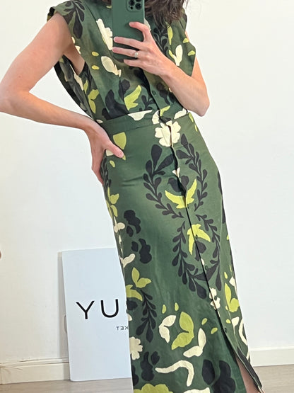 TINTORETTO. Vestido midi verde flores con lino. T S