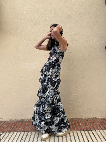 FRANCISCO ARCE. Vestido largo estampado floral y escote halter
