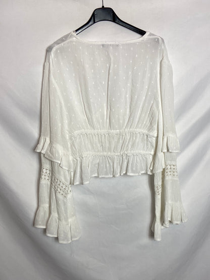 BERSHKA. Sobrecamisa blanca volantes T.XS