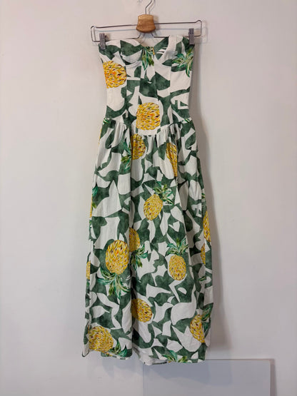 ZARA. Vestido midi palabra de honor estamapdo tropical