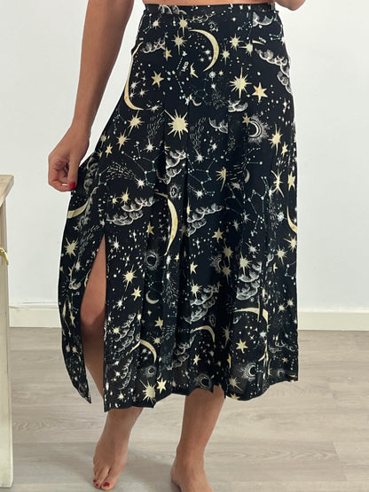 RIXO LONDON. Falda midi seda negra estampada T.s