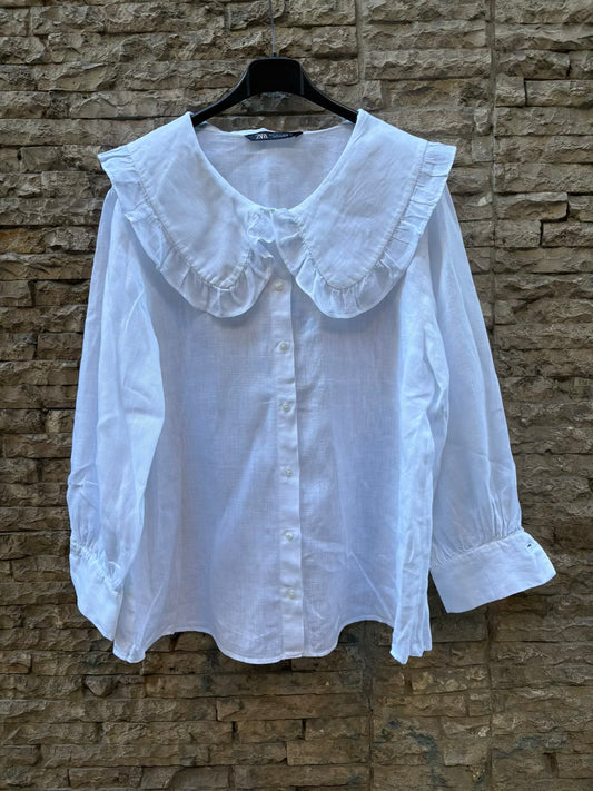 ZARA. Blusa blanca lino cuello amplio
