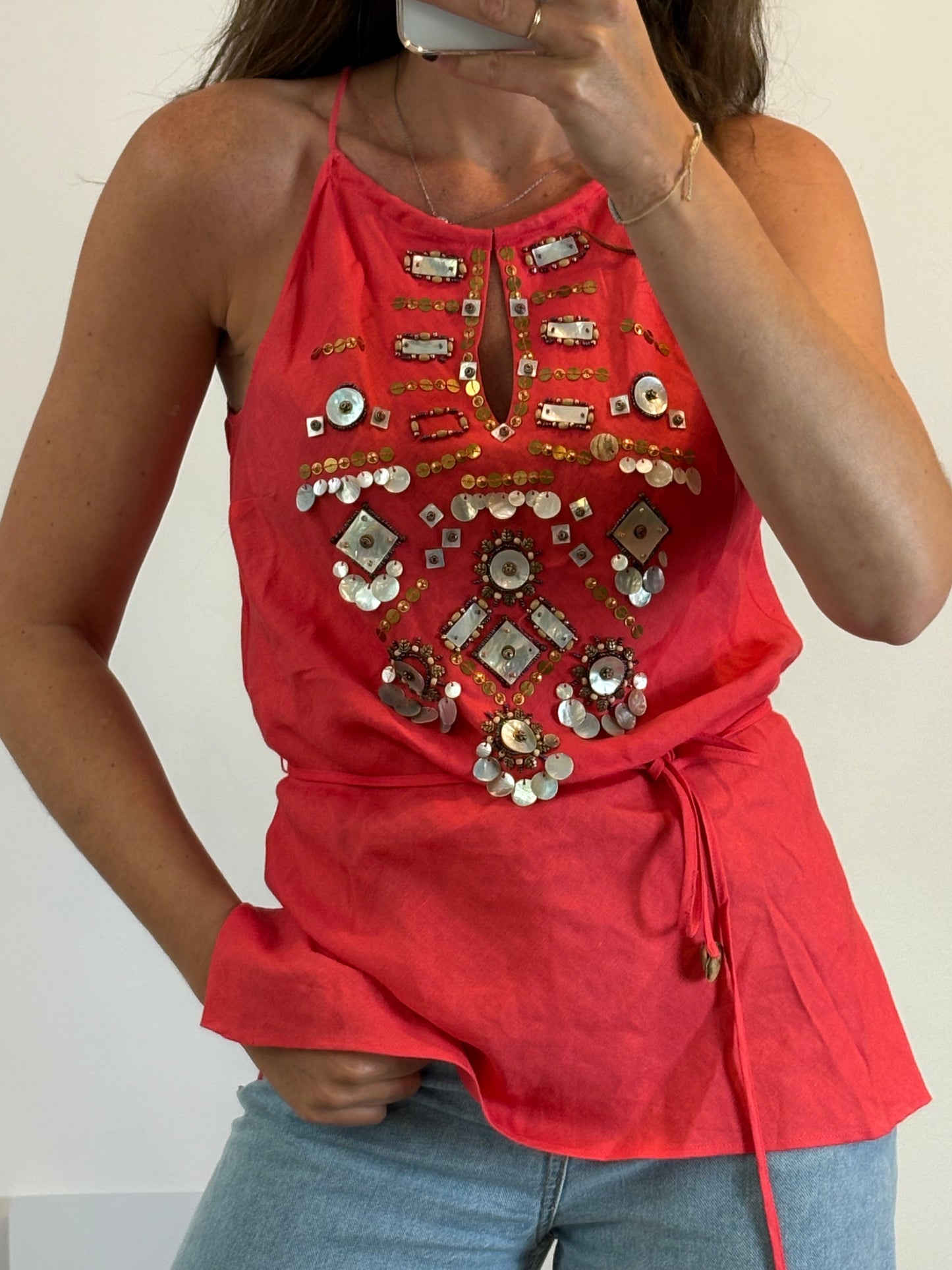 DERHY K. Red linen and rhinestone top. TM