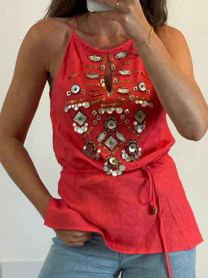 DERHY K. Red linen and rhinestone top. TM