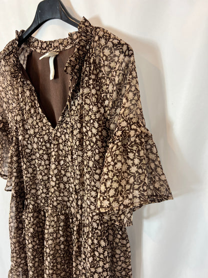 h&m brown floral dress H&M HM Tie-Neck Detail LONG DRESS Light Beige Floral or Blue Patterned w/ BELT