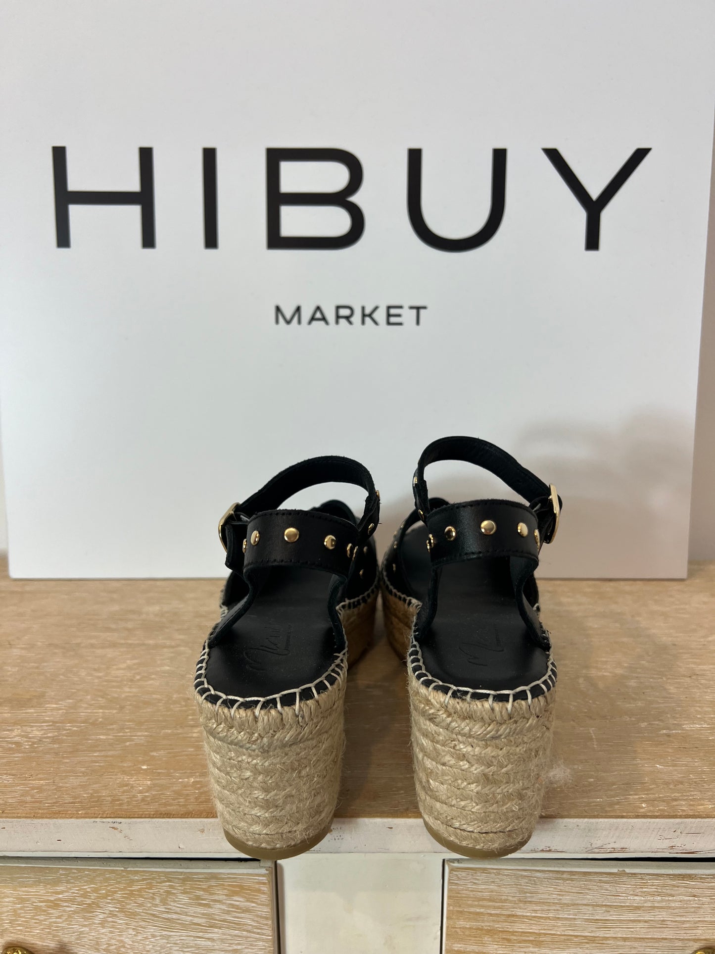 MICUIR. Black leather wedges with studs, size 39