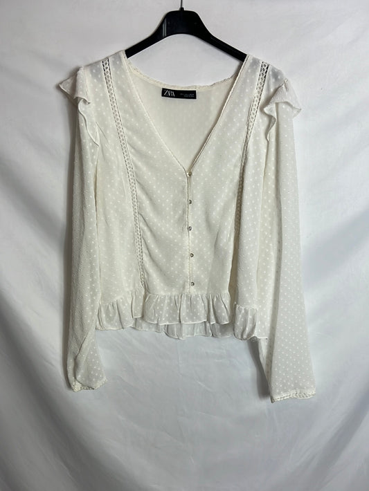 ZARA. Blusa blanca plumeti. T L