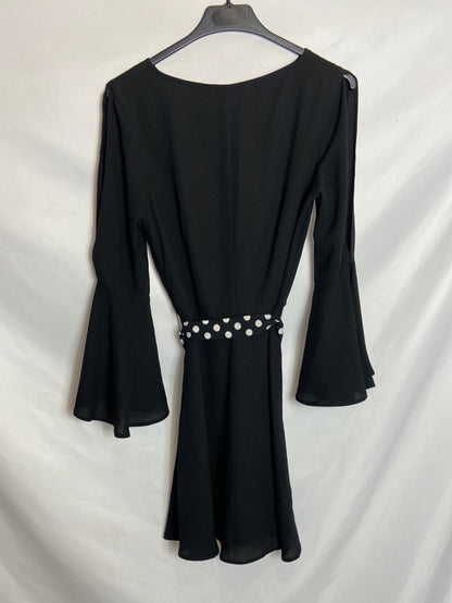 WHITE. Black dress with polka dot belt TS