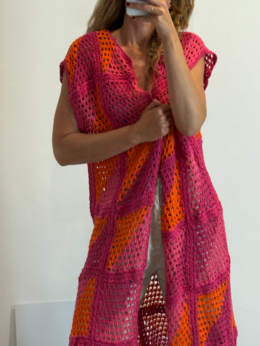 NICOLI. Kimino largo crochet bicolor