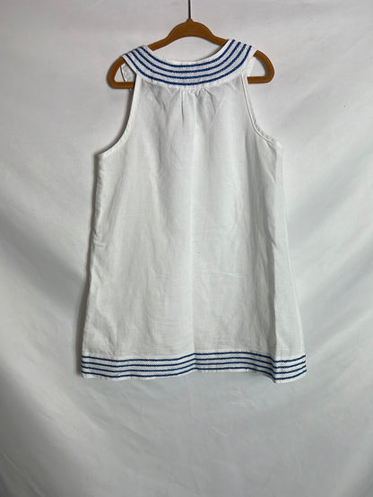 NEWNESS. White linen dress with blue embroidery. Size 7 years.