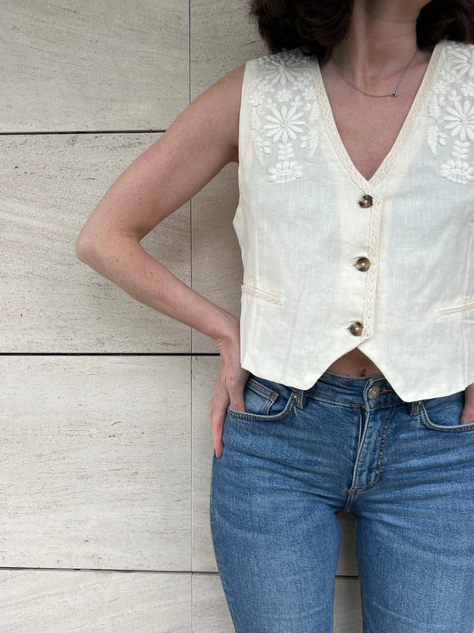 LOUISE MISHA. Chaleco bordado beige T.36