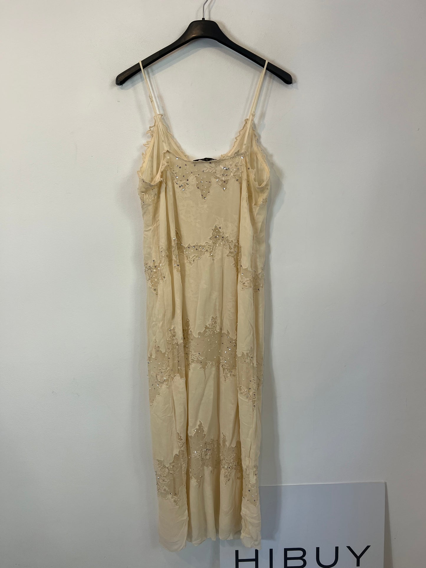 ZARA. Vestido lencero encaje y abalorios T.s