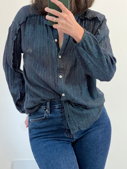 NICOLÍ. Blusa azul textura rayas metálicas T.m