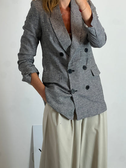 ZARA. Blazer con lino negra y blanca cuadros vichí T.s