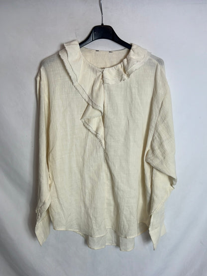 MASSIMO DUTTI. Blusa algodón beige volante. T XS