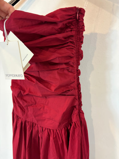 PEPPERMAYO. Vestido largo palabra de honor color vino. T XS