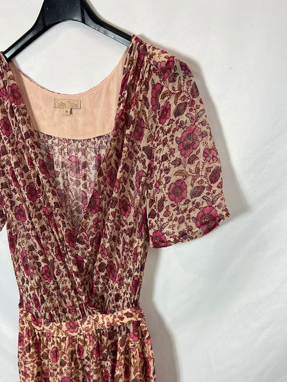 LOUISE MISHA. Vestido beige cruzado flores T.36