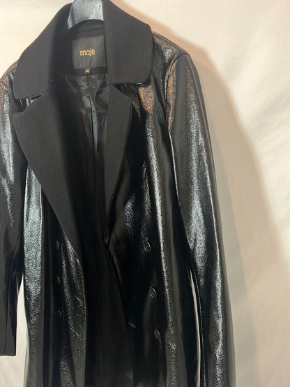 MAJE. Abrigo fino negro doble textura. T 40