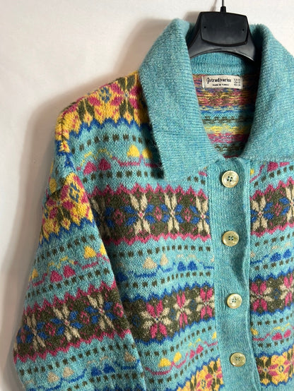 STRADIVARIUS . Cárdigan greca turquesa. T XS