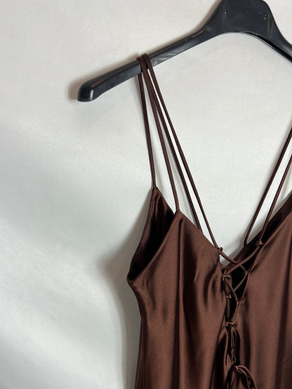 ZARA. Vestido lencero marrón T.s