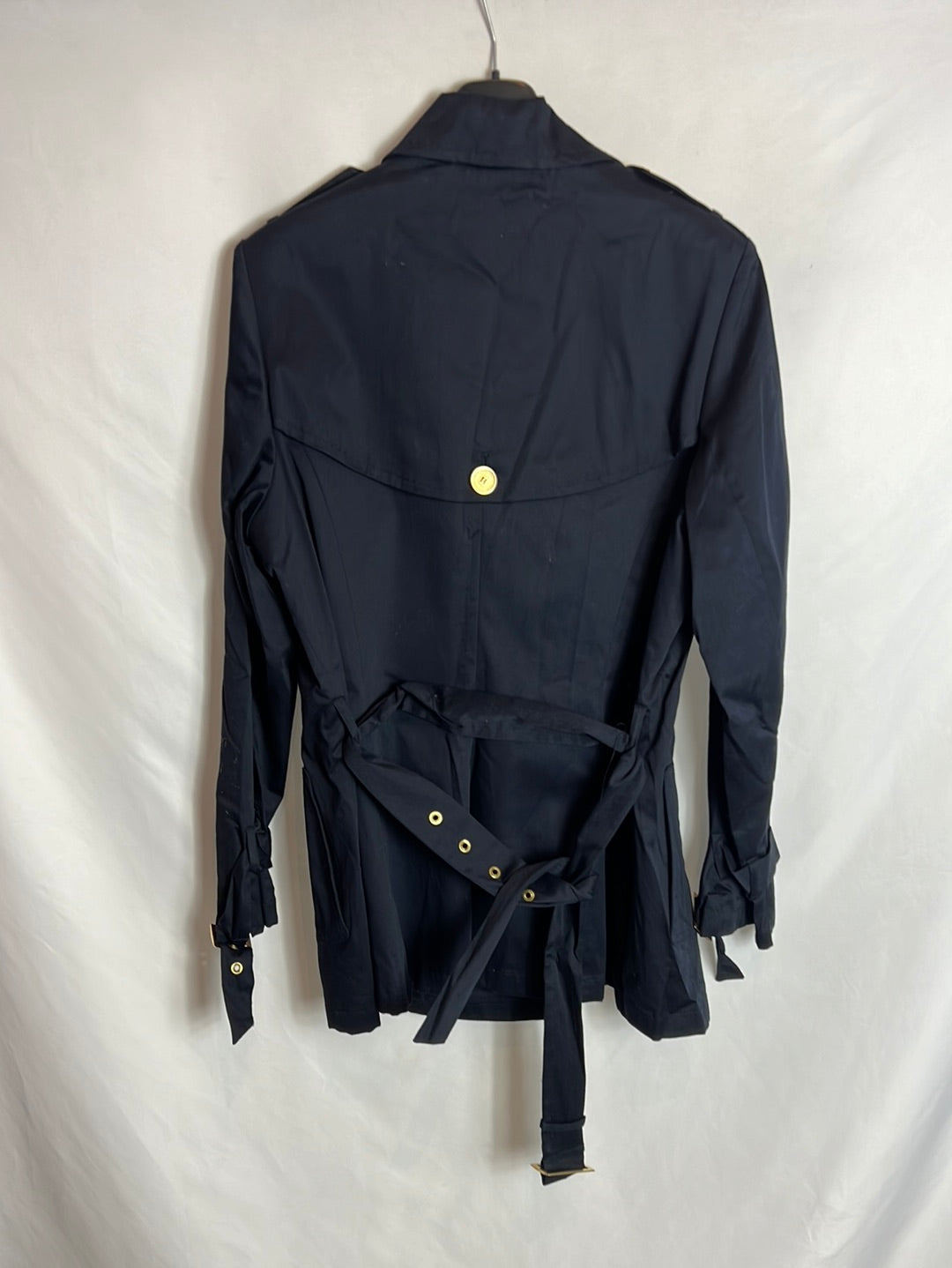 SYNTHESIS. Blue trench coat with gold buttons. Size 46