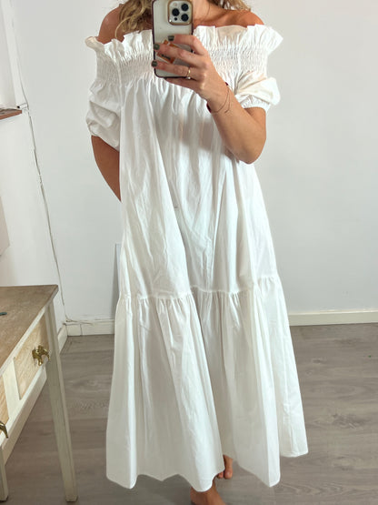 IRIS. Vestido largo blanco detalle nido de abeja. T M