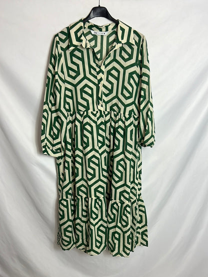 ZARA. Vestido beige y verde estampado.T M