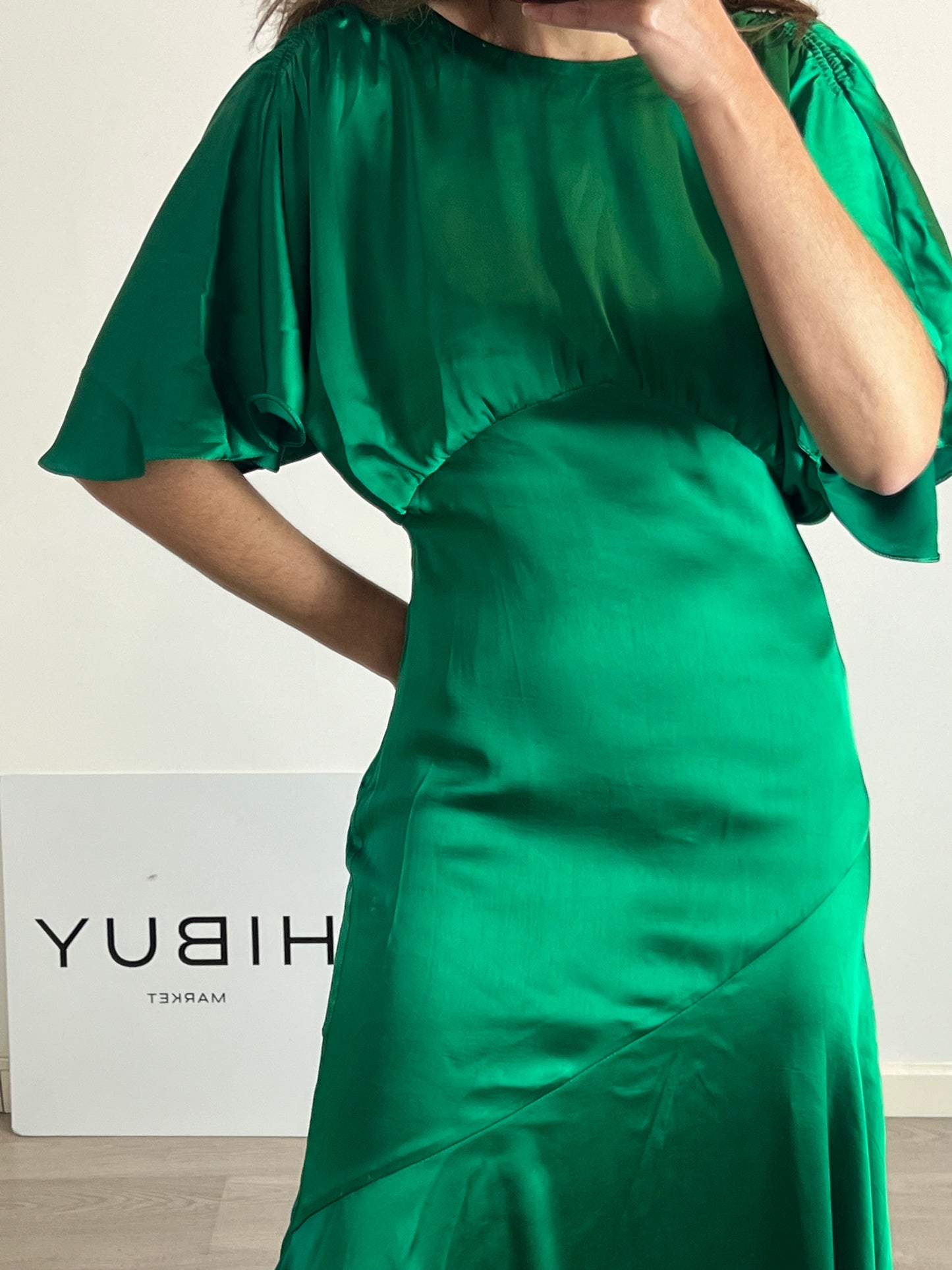 PEDRO DEL HIERRO. Long green satin dress, size 38