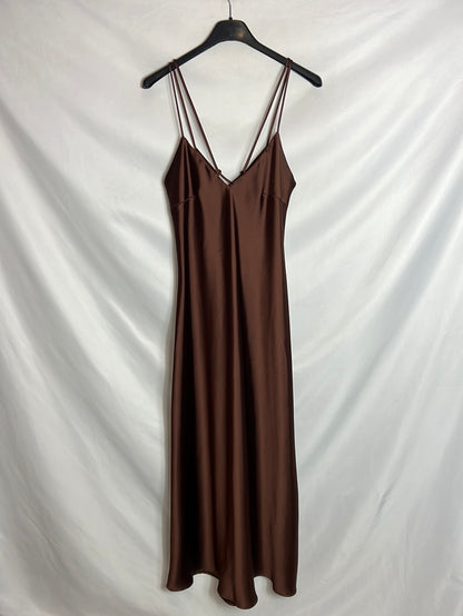 ZARA. Vestido lencero marrón T.s
